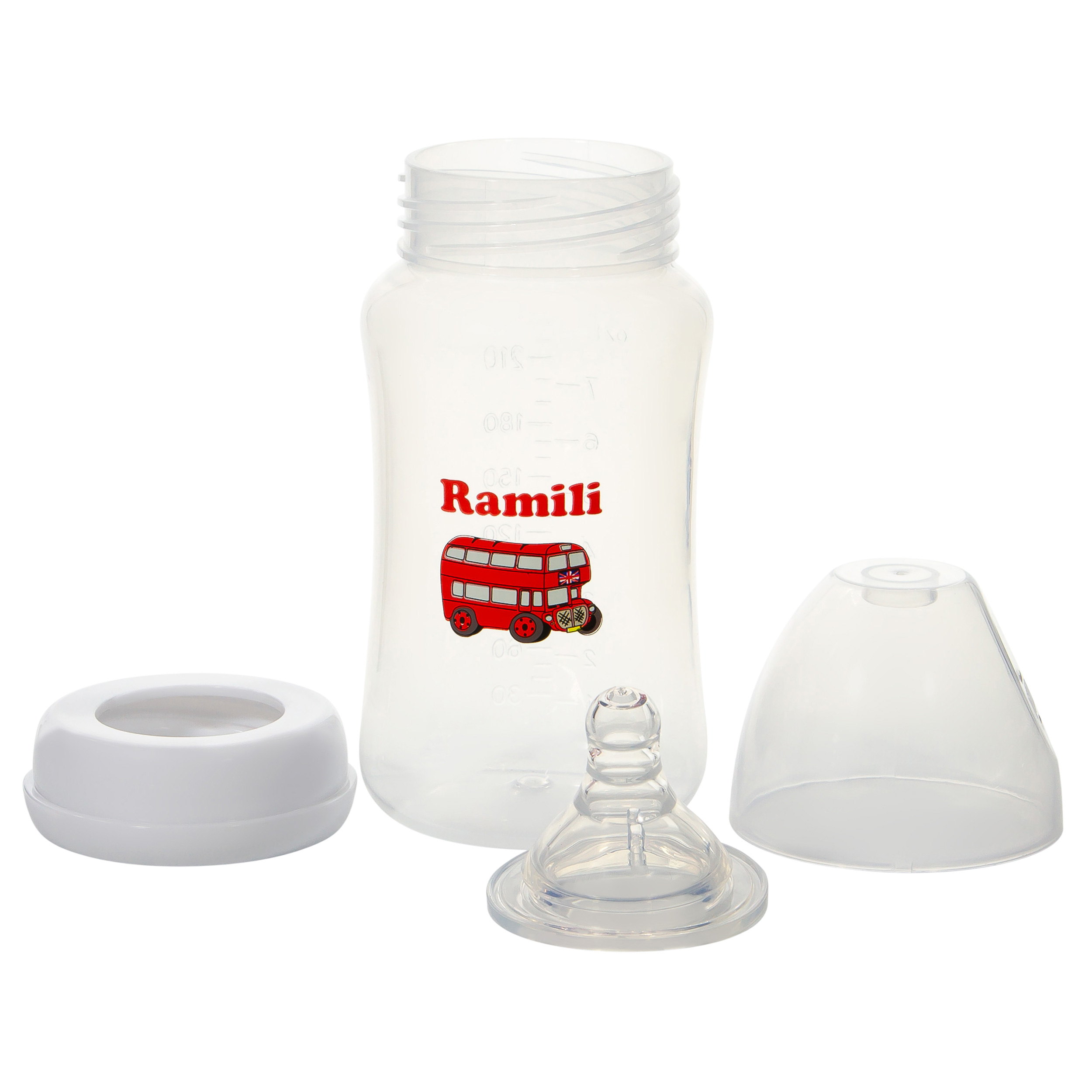 Противоколиковая  бутылочка для кормления Ramili Baby (240 мл., 0+, слабый поток)